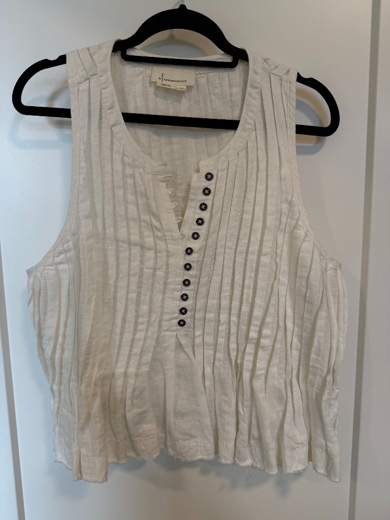 Anthropologie Off-White Pleated Button Tank | Xl